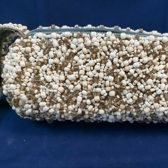 Beaded Clutch Bags Evening Bag Mini Beads Round Barrel White Gold Silver wrislet - Picture 7 of 10